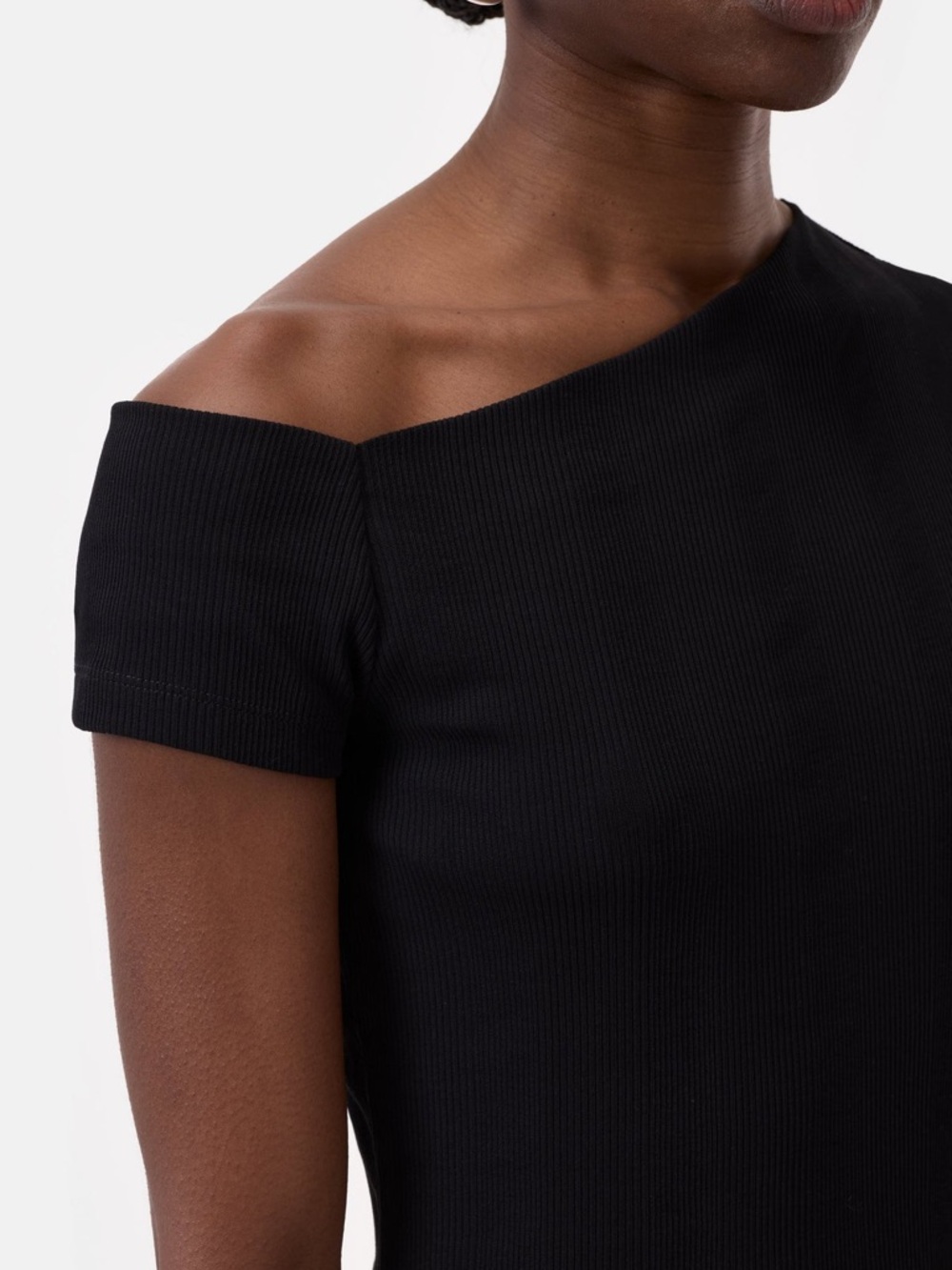 Black Ribbed One-Shoulder Top